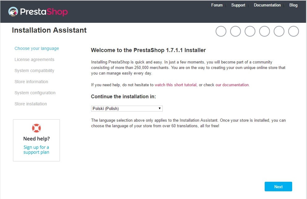 Pierwsza strona procesu instalacji sklepu PrestaShop - wybór języka