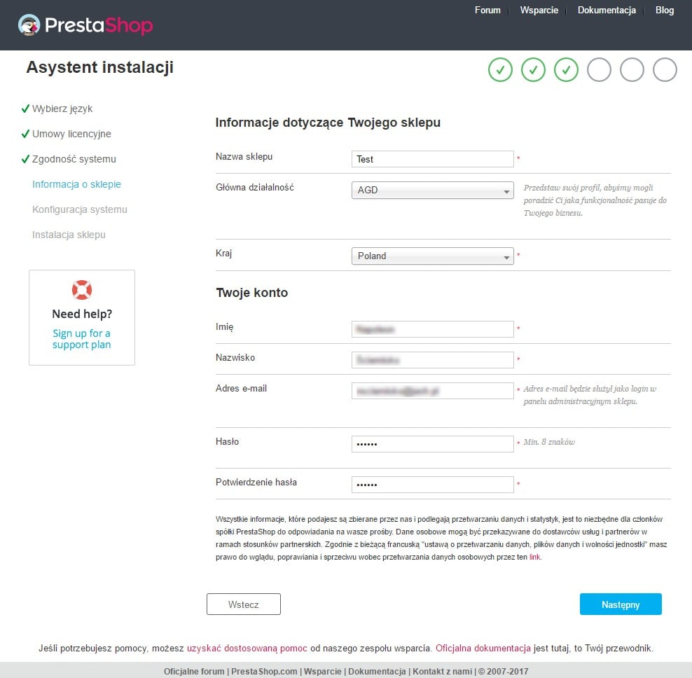 Czwarta strona procesu instalacji sklepu PrestaShop - informacje dotyczące sklepu